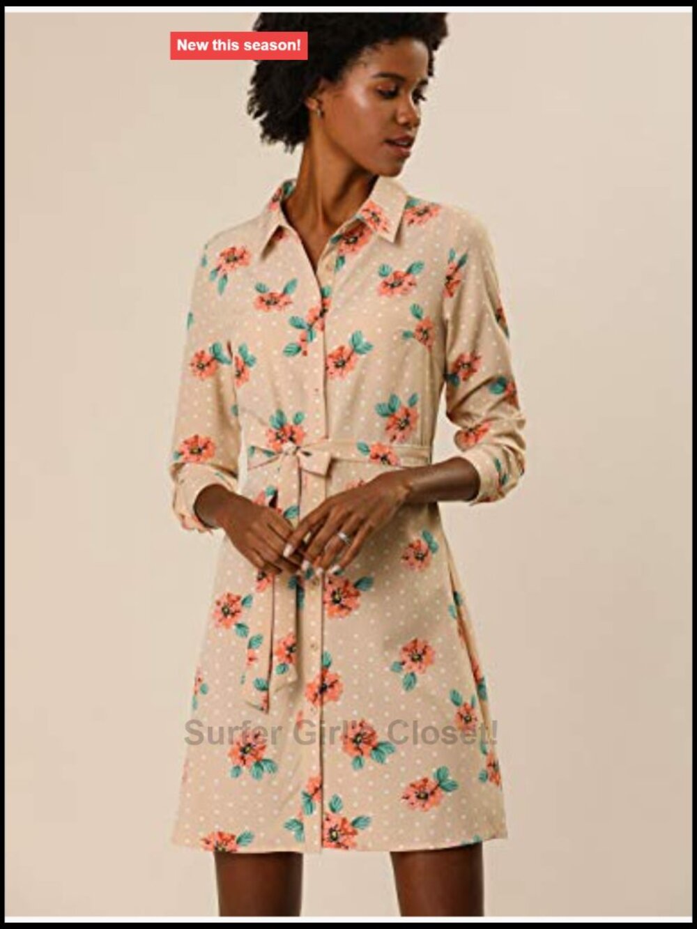 Vintage Polka Dot Floral Print Shirt Dress Long Sleeve Tie Belt - Picture 2 of 6